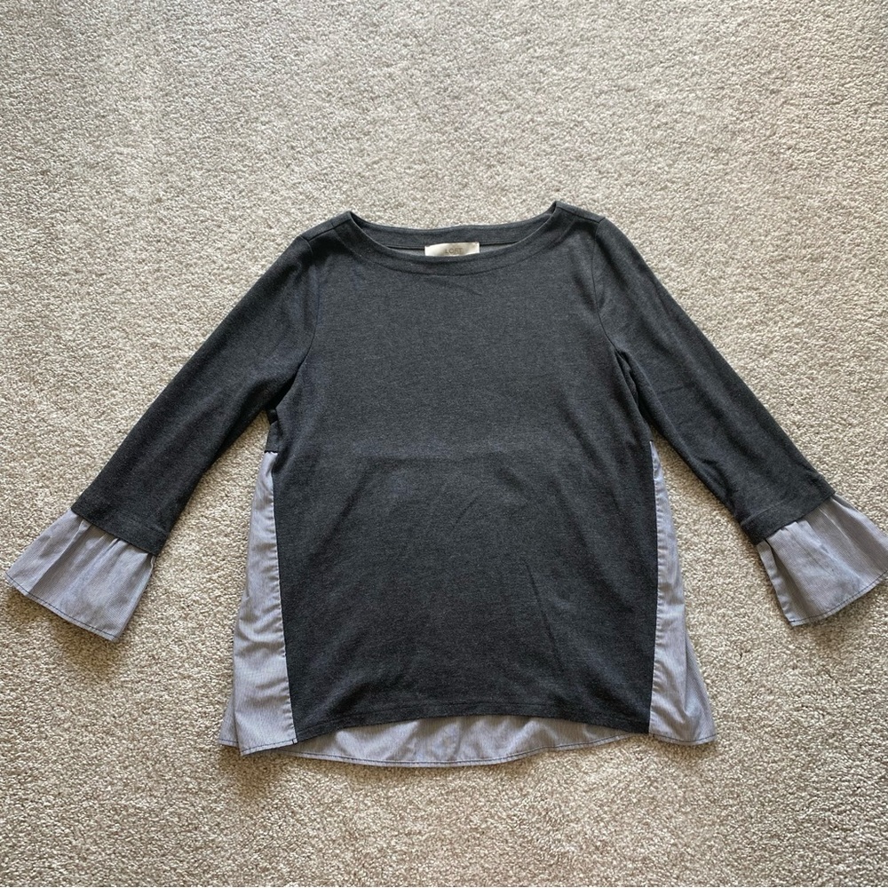 Loft Grey and Blue Striped Long-Sleeve Blouse with Edge Details Size Small